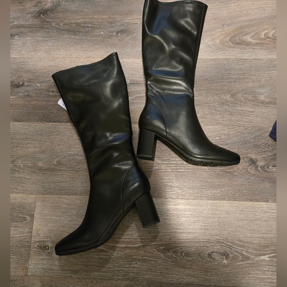Aerosoles Micah Knee High Boots Black Leather Block Heel Womens 7M New - Picture 2 of 8